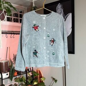 Katherine Bishop Womens Cardigan L Gray Skiing Snowflake Winter Holiday Cozy Top